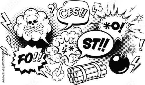 A dynamic black and white comic explosion with skull, bomb, and dynamite isolated on white background, capturing the essence of retro and vintage style