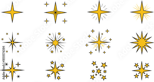 A set of twelve handdrawn starbursts and stars isolated on white background, perfect for adding a touch of sparkle and magic to your designs and illustrations