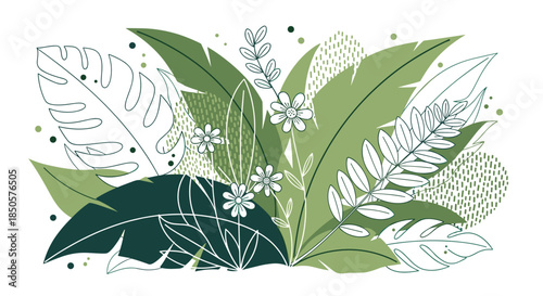 Lush illustration of green tropical leaves and botanical foliage with delicate white flowers and abstract elements, ideal for nature designs.
