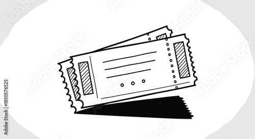 Hand drawn illustration of two tickets isolated on white background, perfect for event promotions, movie nights, or travel themes, with a simple and clean design