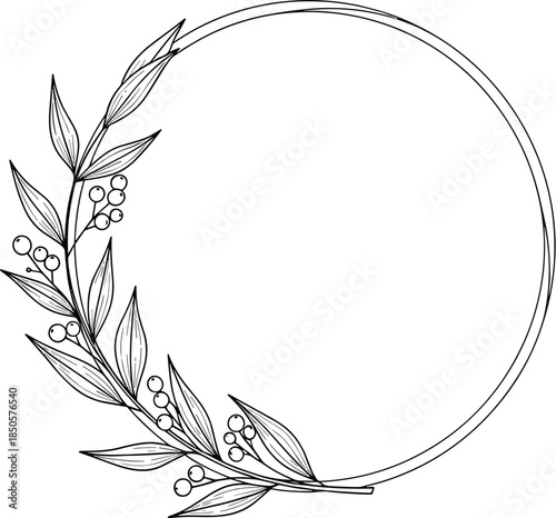 Elegant round frame with botanical elements isolated on white background delicate wreath with leaves and berries for wedding invitations and cards