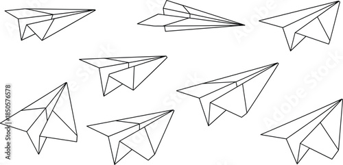 Collection of paper airplanes isolated on white background, a symbol of travel, freedom, and childhood dreams, rendered as a simple line drawing for a minimalist aesthetic