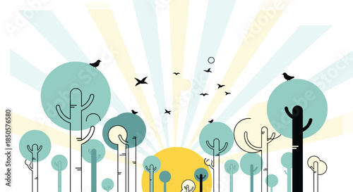 A vibrant minimalist illustration of a forest with birds flying and a rising sun.