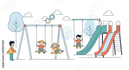 Joyful children are having fun on swings and slides at a vibrant outdoor playground on a sunny day.