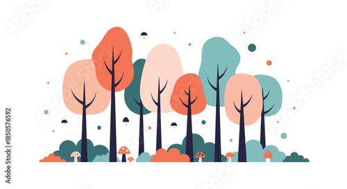 A peaceful, abstract forest scene featuring a variety of colorful trees, whimsical mushrooms, and scattered natural elements in a gentle flat design illustration.
