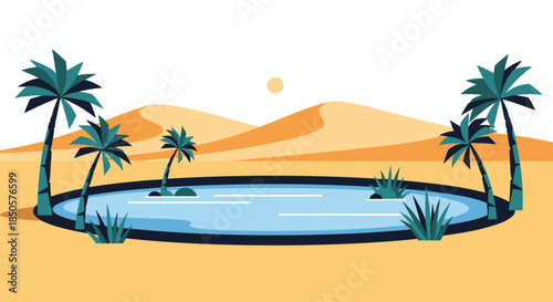 A vibrant illustration of a peaceful desert oasis with clear blue water, several green palm trees, and rolling sand dunes under a sunny sky.