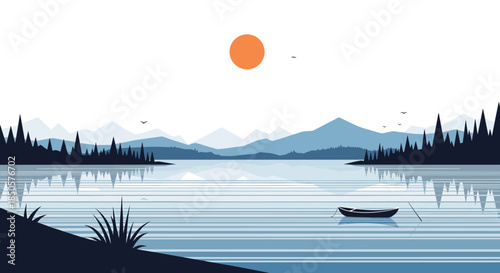 Minimalist pixel art illustration of a tranquil lake scene at sunrise or sunset, featuring distant mountains, dense pine forests, a small boat, and a vibrant orange sun.