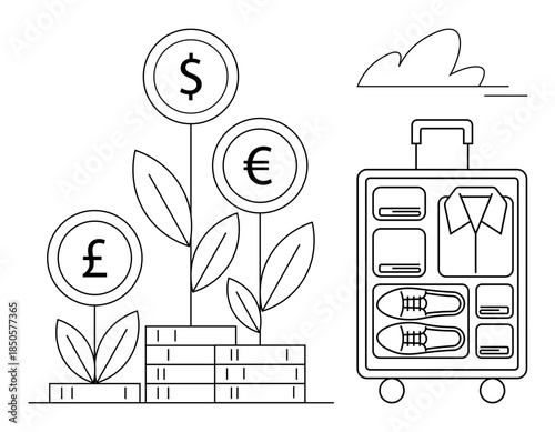 Business planning, investment growth, travel, currency exchange, financial journey, global economy. Currency plants and suitcase illustrate concepts. Business planning and investment growth