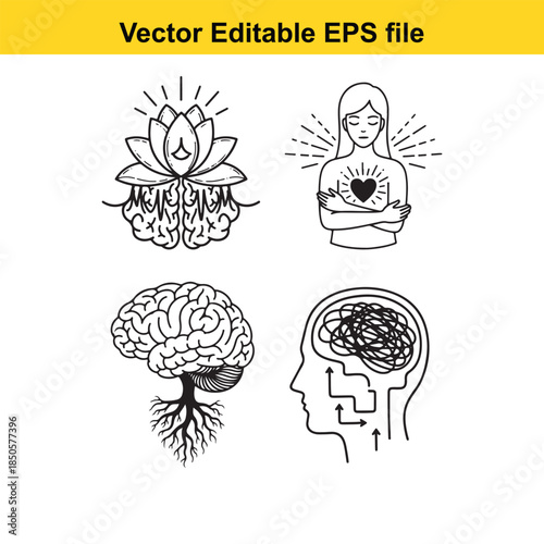  vector illustration of various mindfulness and mental health symbols including lotus flower and brain