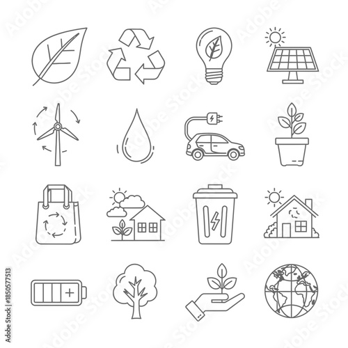 Sustainable living icons promoting eco-friendly lifestyle, renewable energy, recycling, and green initiatives for a healthier planet, originally a scalable vector graphic