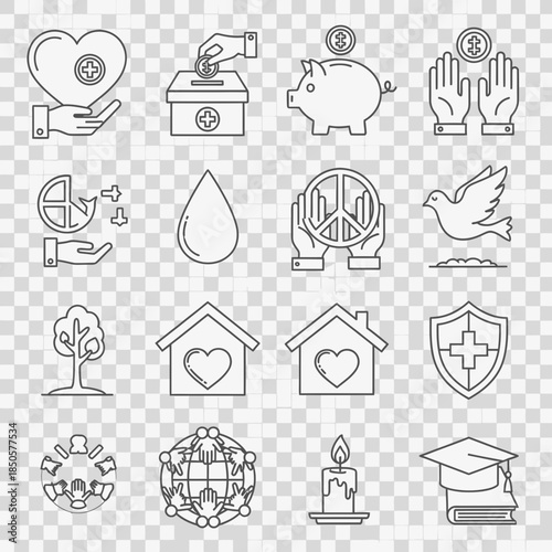 Embrace compassion with these minimalist icons symbolizing charity, love, peace, and hope, perfect for impactful social media posts or website designs.