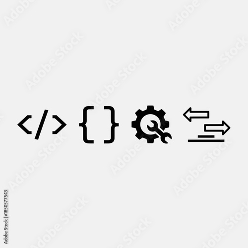 Streamlined software development process with gear, code, and data exchange, perfect for tech companies needing modern, clean icons for websites