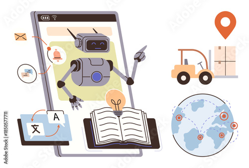 Robot interacts with open book, tablet, notifications, and global map linking locations. Ideal for education, automation, logistics, AI translation innovation communication. Simple flat metaphor