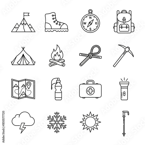 Explore the Great Outdoors with Essential Camping Gear Icons: Map, Tent, Compass, and More for Your Next Adventure, Perfect for Print and Digital Designs