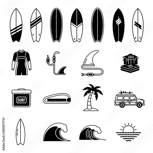 Surfing lifestyle icons, a collection of surfboards, wetsuit, waves, palm tree, and car with surfboards ready for a day at the beach, originally a vector graphic