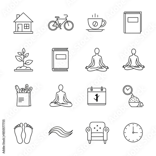 Fresh start lifestyle icons representing wellness, home, and nature for creating a modern, healthy routine and celebrating balance in life