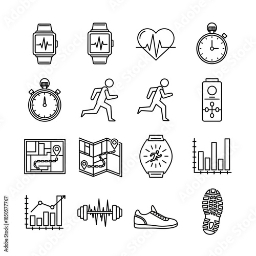 Fitness tracker icons for healthy lifestyle apps, including running, heart rate, maps, stopwatches, and data charts for tracking progress effectively