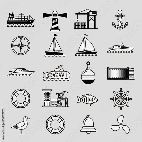 Nautical adventures await with this maritime icon set, perfect for travel brochures, coastal designs, and seafaring promotions, originally created as vector art