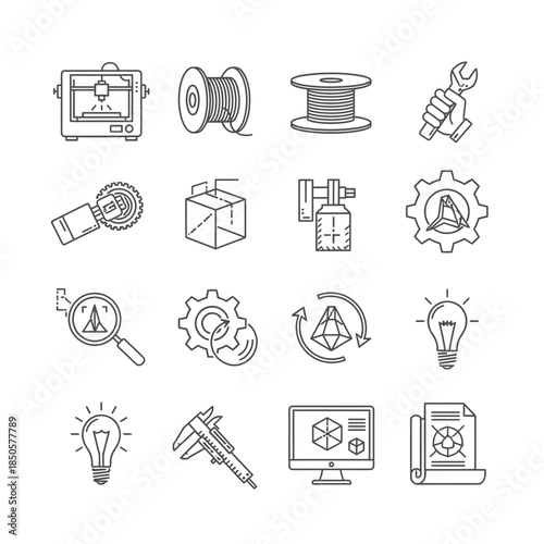 Modern 3D Printing & Engineering Icon Set: Precision, Innovation, and Design Excellence for Cutting-Edge Projects and Technology Solutions