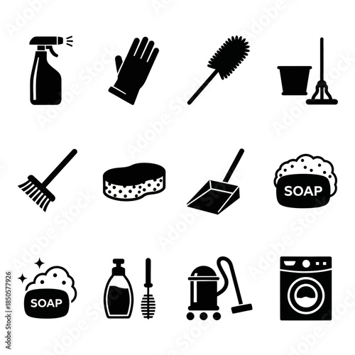 Essential cleaning tools for a spotless home, a helpful guide to maintaining a clean and healthy living space with cleaning equipment symbols