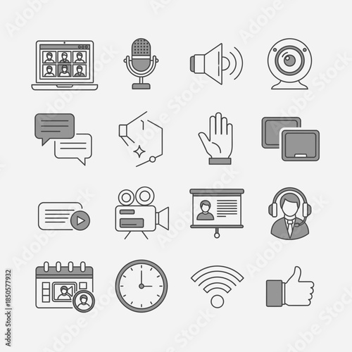 Modern virtual meeting icons for online communication, video conferencing, webinars, and digital presentations, conveying seamless remote collaboration