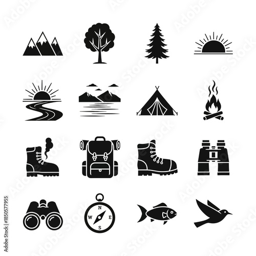 Explore the Great Outdoors with this Adventure Icons Set, Perfect for Hiking, Camping, and Wilderness Enthusiasts, originally a scalable vector graphic