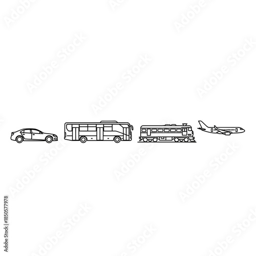 Sleek line art showcases various modes of transportation like car, bus, train, and airplane, perfect for modern designs needing a travel theme with vector precision