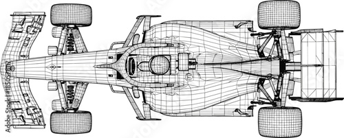Top view 3D wireframe mesh model of a professional racing car for automotive engineering and digital design projects