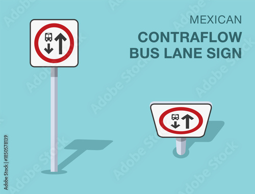 Traffic regulation rules. Isolated mexican "contraflow bus lane" road sign. Front and top view. Flat vector illustration template.
