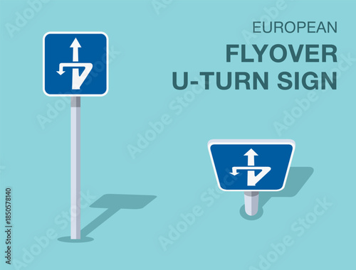 Traffic regulation rules. Isolated european "flyover u-turn" road sign. Front and top view. Flat vector illustration template.