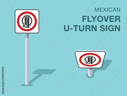 Traffic regulation rules. Isolated mexican "flyover u-turn" road sign. Front and top view. Flat vector illustration template.
