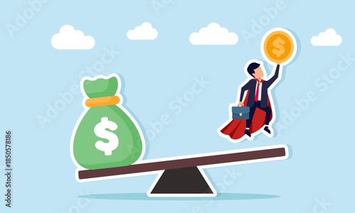 Super businessman carrying a dollar coin jumping from a seesaw while the other side holds a money bag illustrating the impact of investment capital on business profit growth