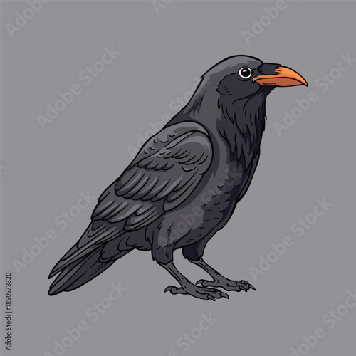 Cartoon common raven illustration, black crow bird with orange beak isolated on grey background