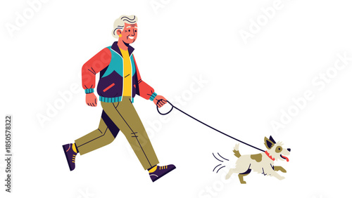 Happy Senior Man Jogging with His Small Dog on a Leash Vector Illustration for Active Aging and Pet Companionship
