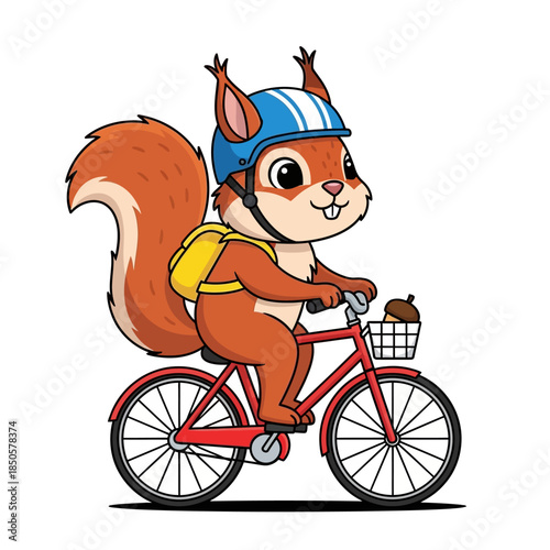 Adorable cartoon squirrel on a bicycle adventure, sporting a helmet and backpack for safety and fun