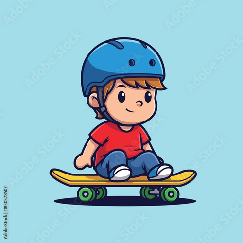 Cartoon depiction of a boy safely enjoying skateboarding with helmet and cheerful expression