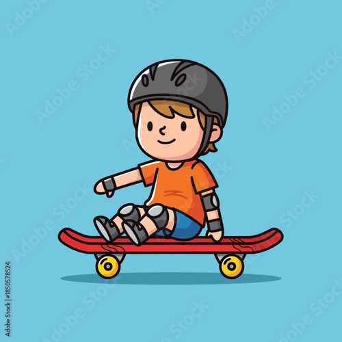 Cartoon skater boy wearing safety gear riding skateboard with a playful style design