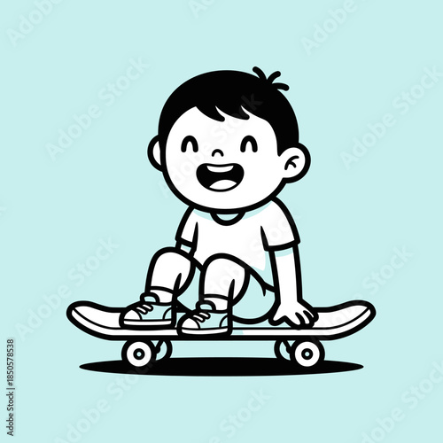A cheerful cartoon boy sits atop a skateboard ready for an adventure with a playful expression and