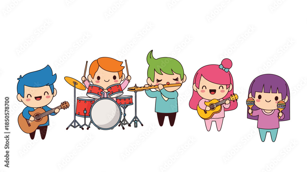 Fototapeta premium Cute Cartoon Kids Band Playing Musical Instruments Joyful Children Rock Band Fun