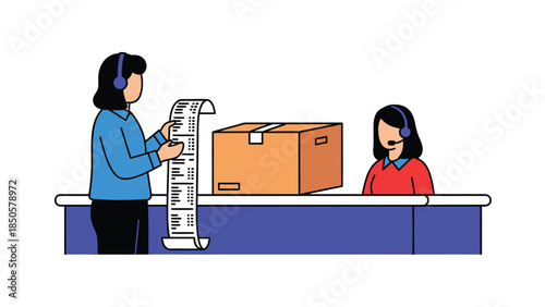 Customer Service Representative Processing Shipping Orders with Package and Receipt in Modern Office E commerce Logistics and Support
