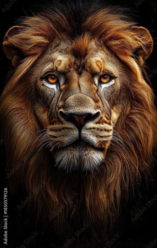Naklejka premium Close-up portrait of a lion's golden mane and ears against a dark background, evoking majestic power and quiet intensity