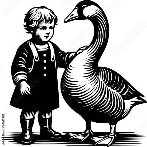 Little Girl Playing with a Duck and a Dog Outdoors