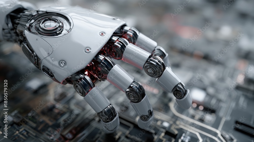 Fototapeta premium Close up of advanced robotic hand over a complex digital circuit surface
