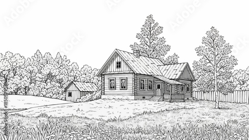 Detailed Sketch of a Rustic Wooden House with Small Outbuilding.