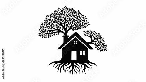 Creative house with tree roots and branches forming its structure.