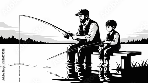 Father and Son Fishing Together Enjoying Quality Time Outdoors.