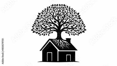 Tree Growing Out of House Symbolizing Growth and Home.