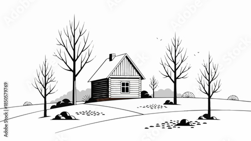 Rustic wooden cabin nestled among bare trees in a winter landscape.