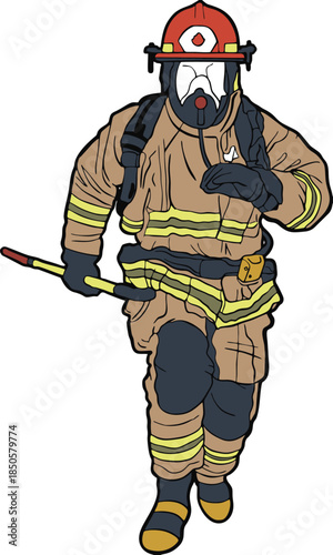 Full Body Firefighter Character Standing in Protective Gear Holding Axe