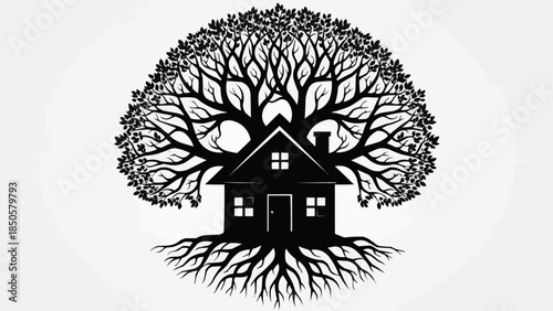 Stylized Silhouette of a House Integrated with a Tree and Roots.